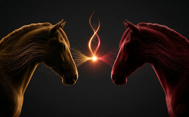 Dos perfiles de caballo PRE convergiendo con una hélice de ADN