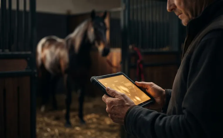 Ganadero consultando una tablet junto a un caballo PRE